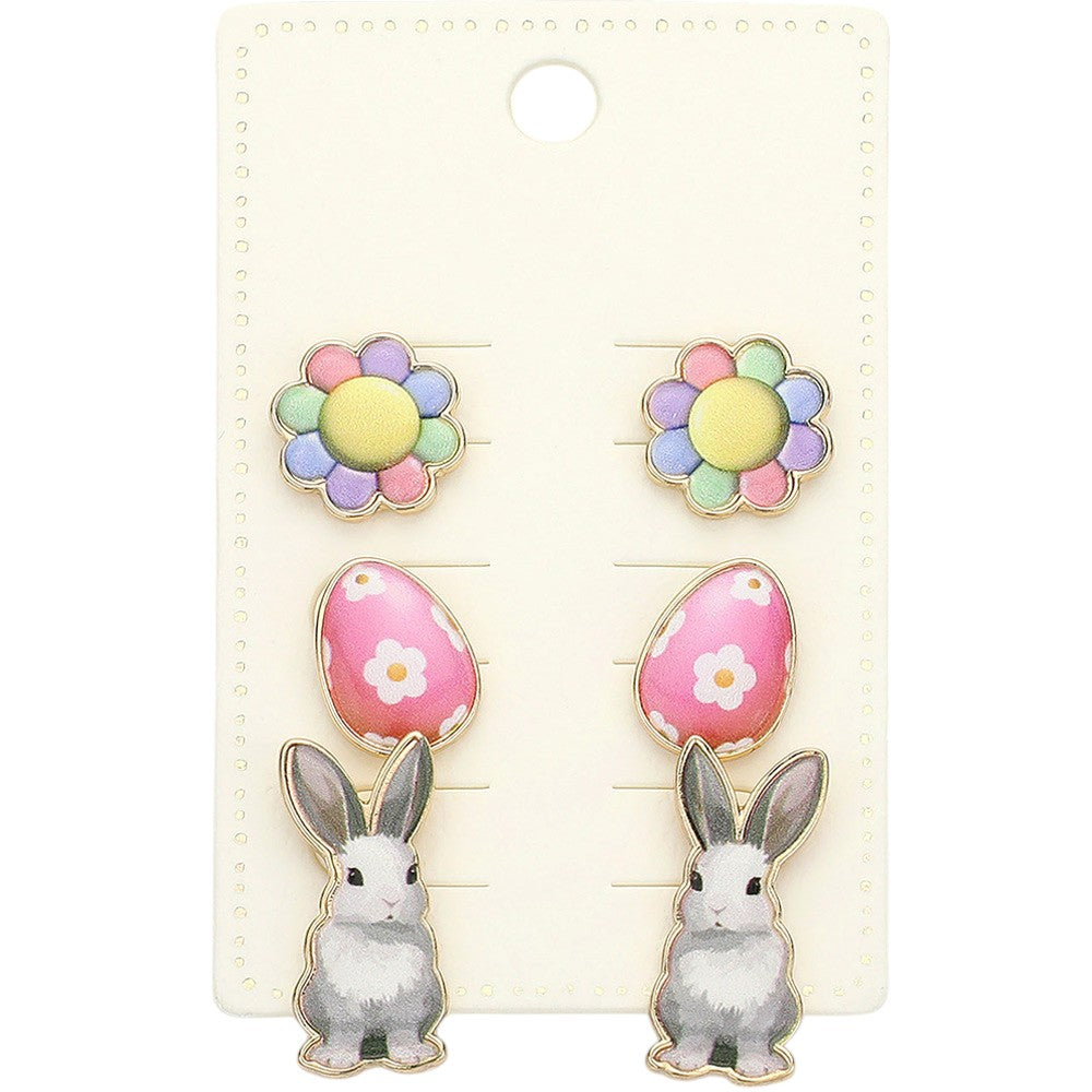 Multi 3Pairs - Easter Bunny Egg Flower Stud Earrings Set - Celebrate Easter in style with these charming stud earrings featuring adorable bunny, egg, and flower designs. Perfect for adding a festive touch to your outfit or gifting to loved ones during the holiday season. 