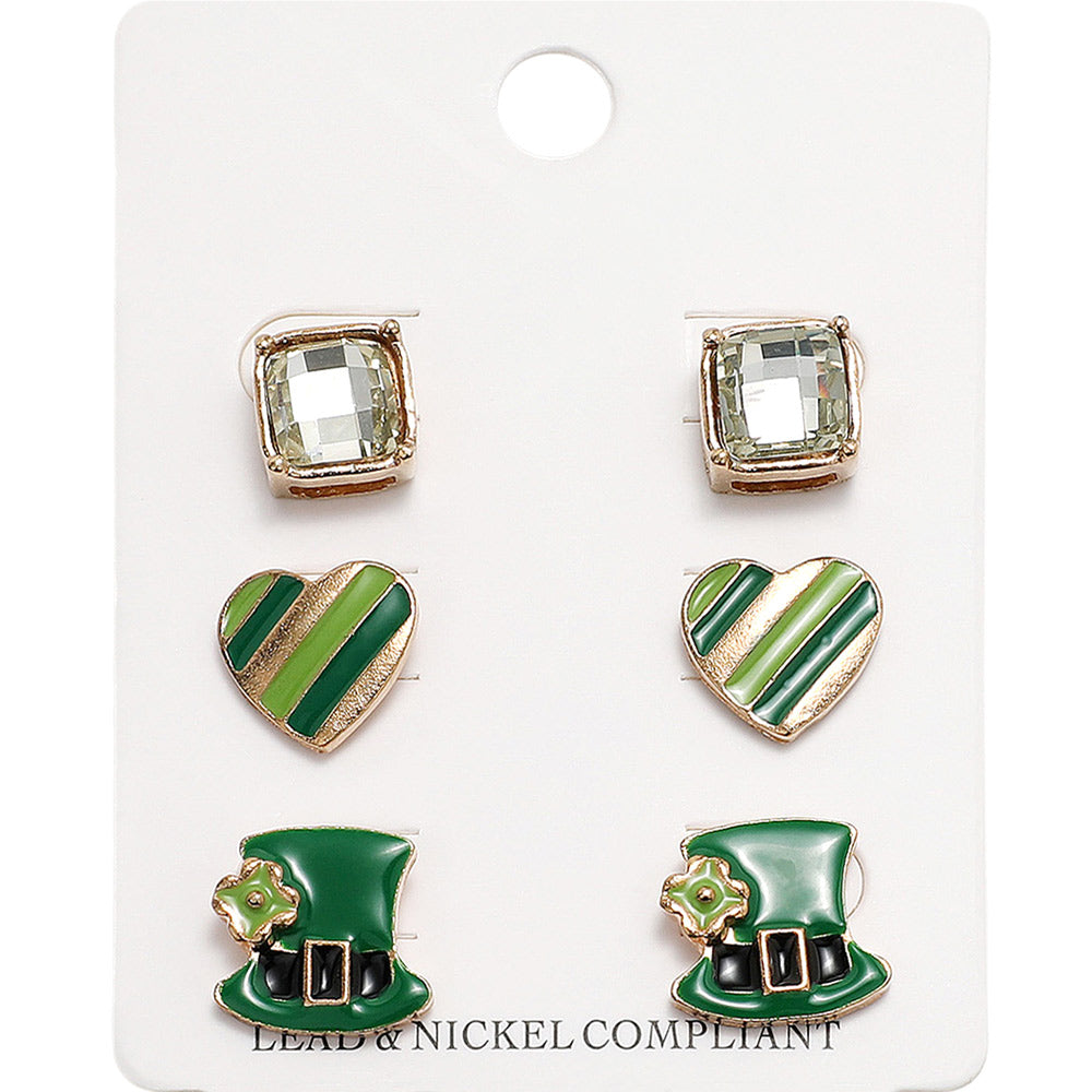 3Pairs - Square Stone Cushion Enamel St. Patrick's Heart Leprechaun Hat Stud Earring Set is a stylish and festive addition to your jewelry collection. Each pair features vibrant enamel designs, including a charming shamrock and heart-shaped hat accents. Perfect for celebrating St. Patrick's Day or adding a touch of Irish charm to any outfit.