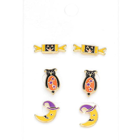 Multi 3Pairs - Enamel Pumpkin Candy Owl Crescent Moon Stud Earrings
