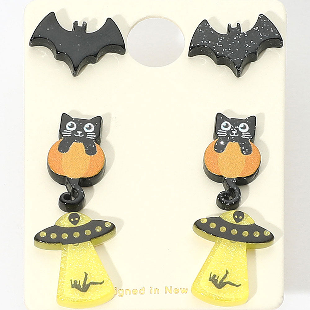 Multi 3Pairs - Halloween Themed Bat Black Cat UFO Stud Earring Set