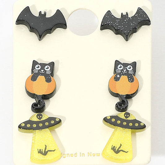 Multi 3Pairs - Halloween Themed Bat Black Cat UFO Stud Earring Set