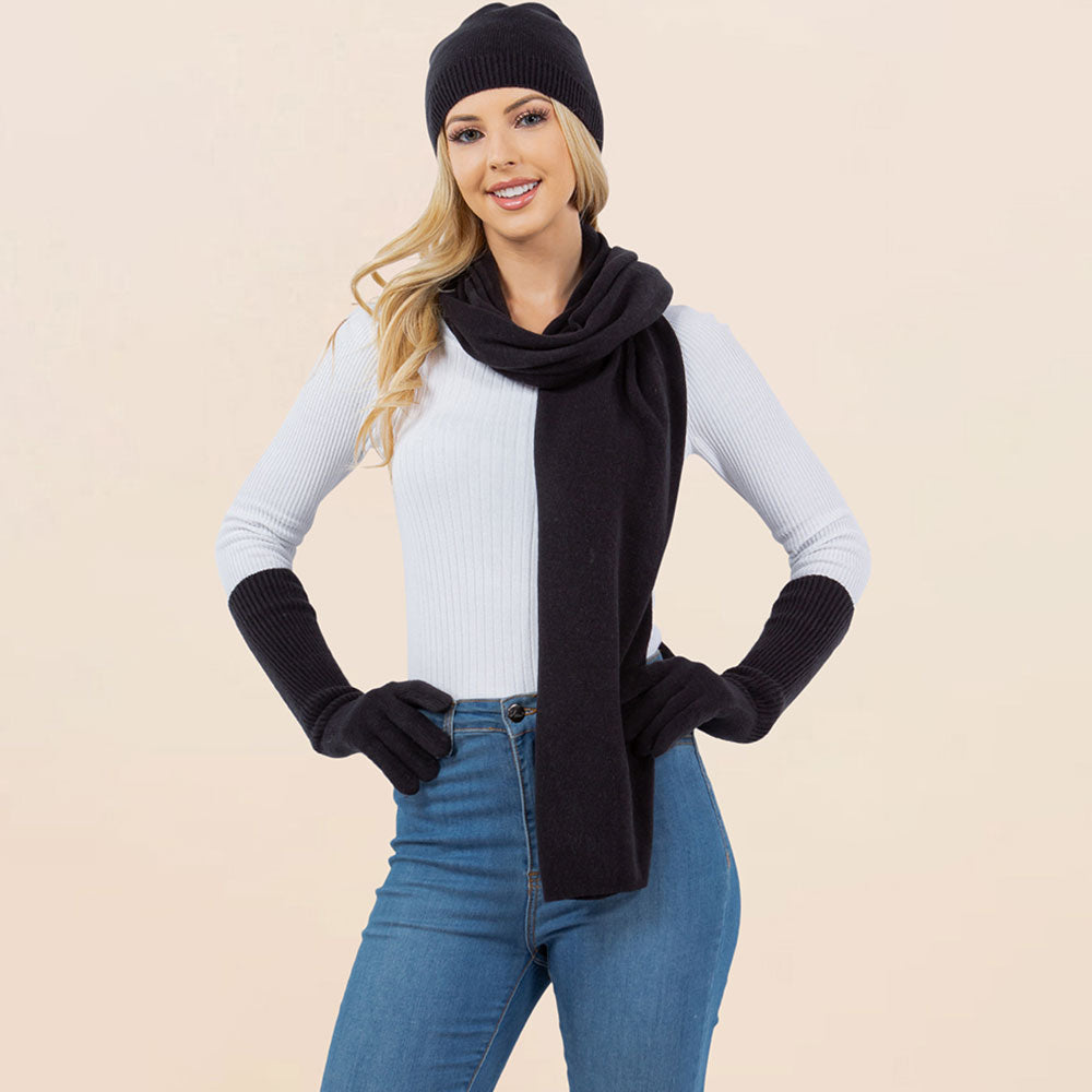 Black 3PCS - Solid Winter Beanie Hat Scarf Gloves Set