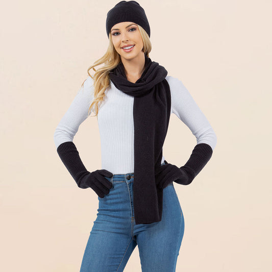 Black 3PCS - Solid Winter Beanie Hat Scarf Gloves Set