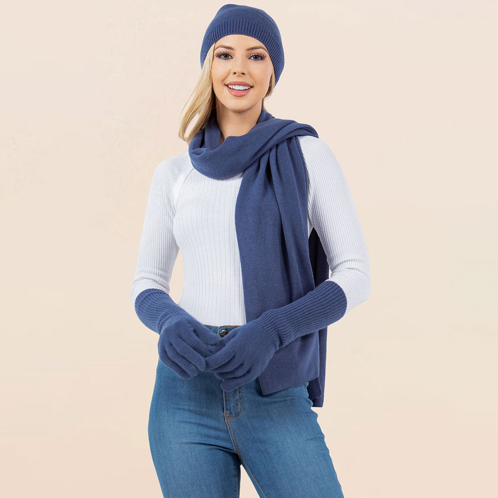Blue 3PCS - Solid Winter Beanie Hat Scarf Gloves Set
