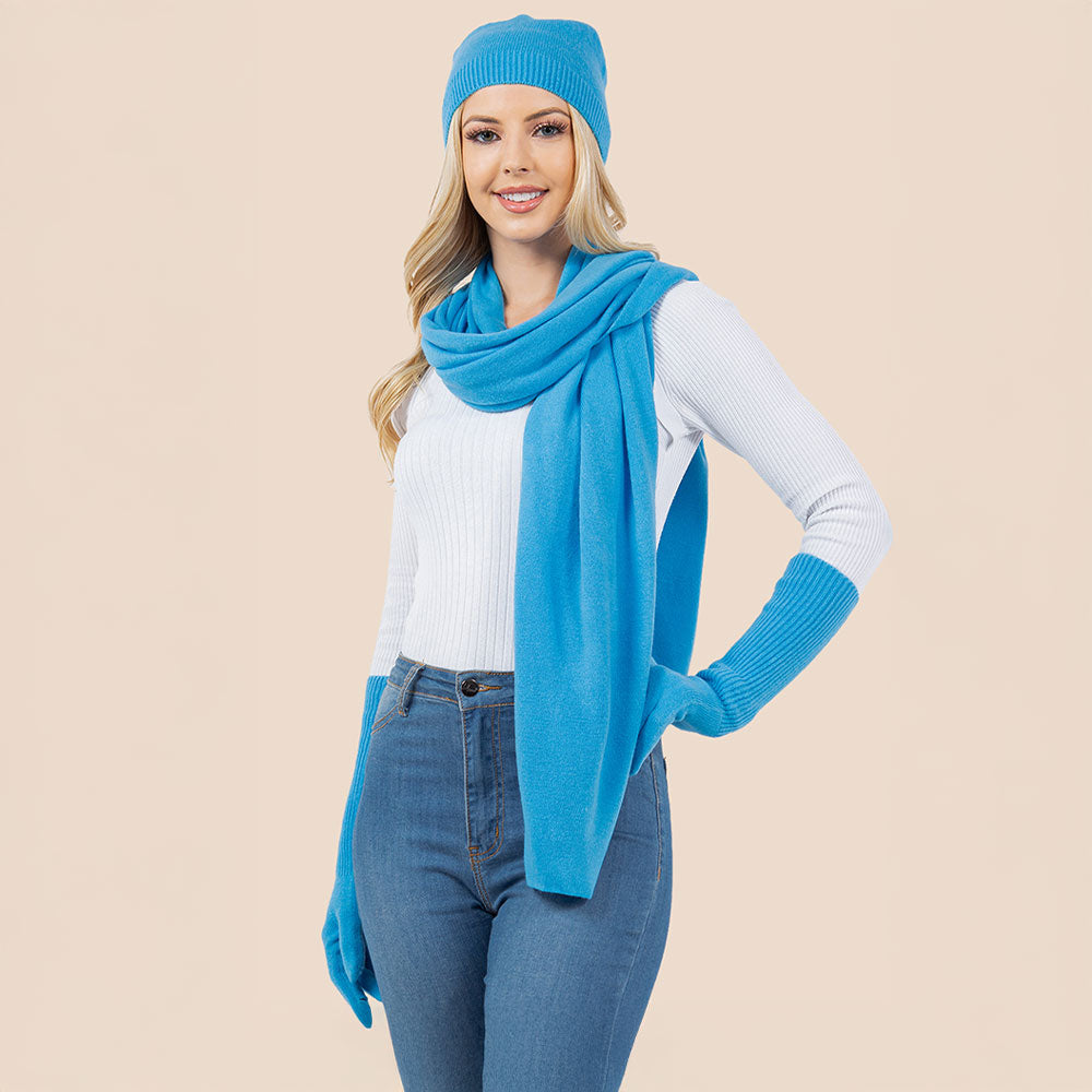 Blue, Neon 3PCS - Solid Winter Beanie Hat Scarf Gloves Set