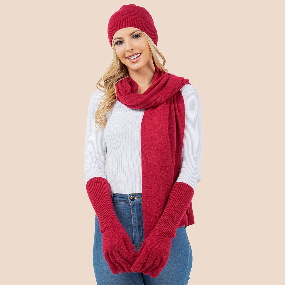Burgundy 3PCS - Solid Winter Beanie Hat Scarf Gloves Set