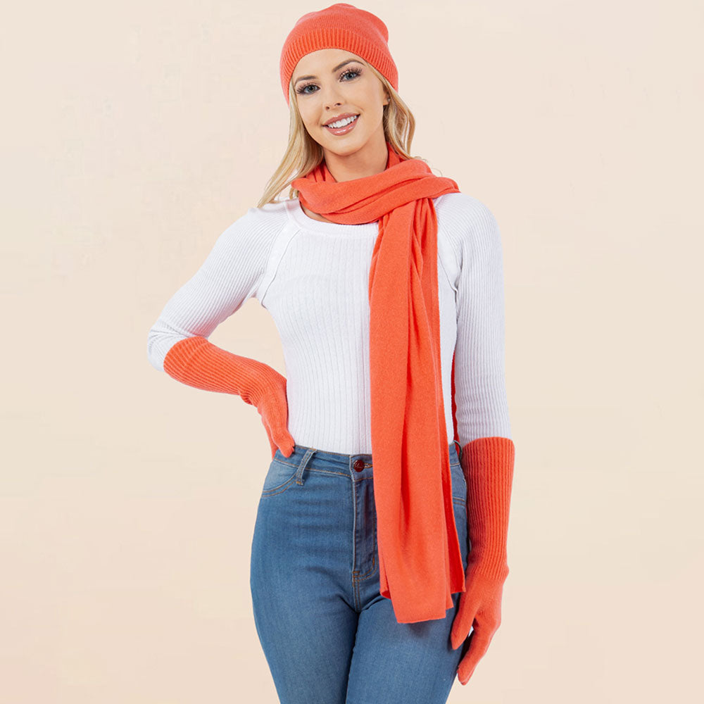 Coral 3PCS - Solid Winter Beanie Hat Scarf Gloves Set
