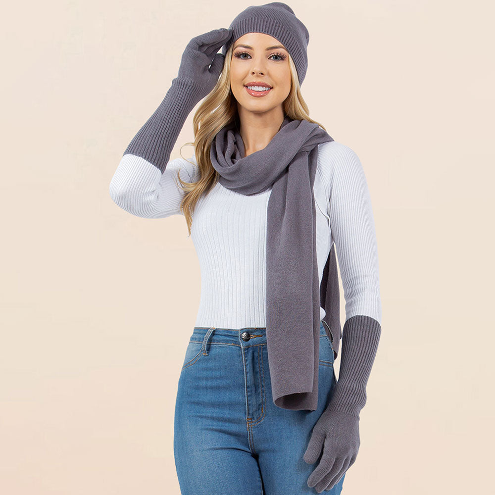 Dark, Gray 3PCS - Solid Winter Beanie Hat Scarf Gloves Set
