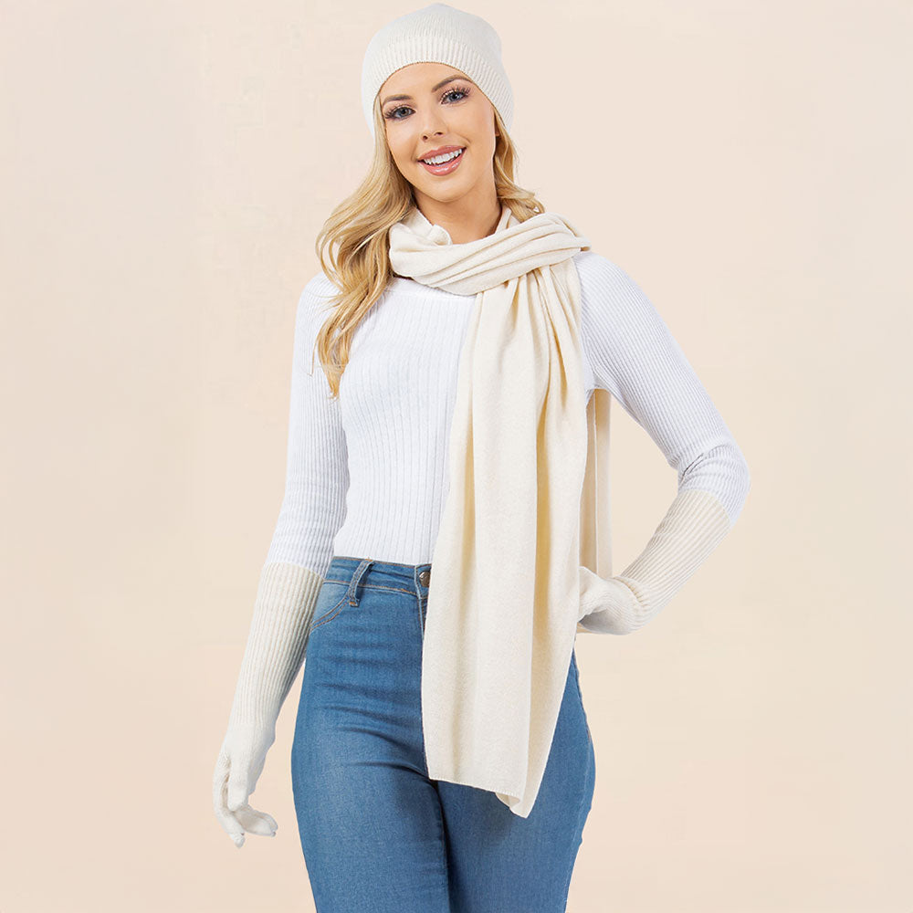 Ivory 3PCS - Solid Winter Beanie Hat Scarf Gloves Set