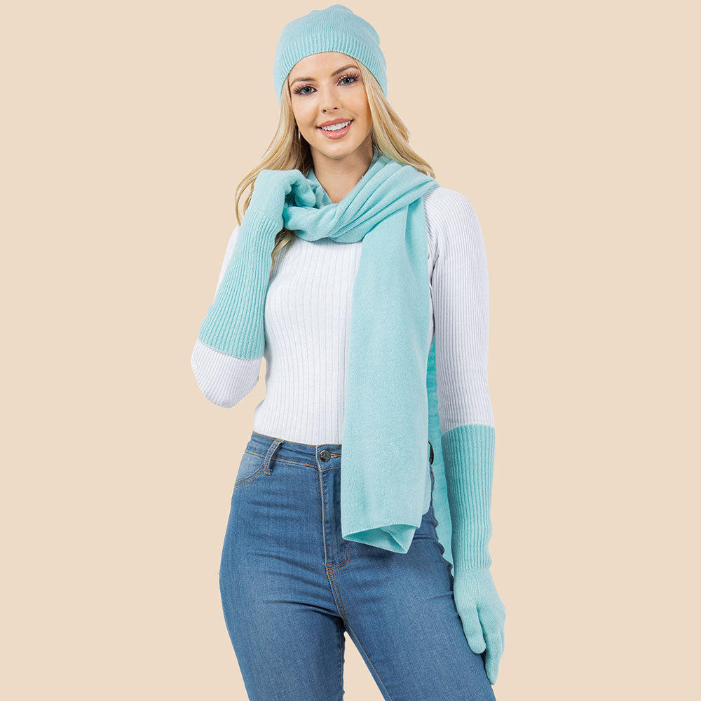 Light Blue 3PCS - Solid Winter Beanie Hat Scarf Gloves Set