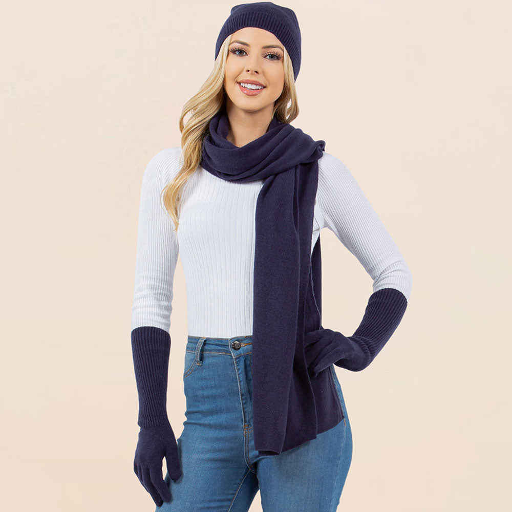 Navy 3PCS - Solid Winter Beanie Hat Scarf Gloves Set