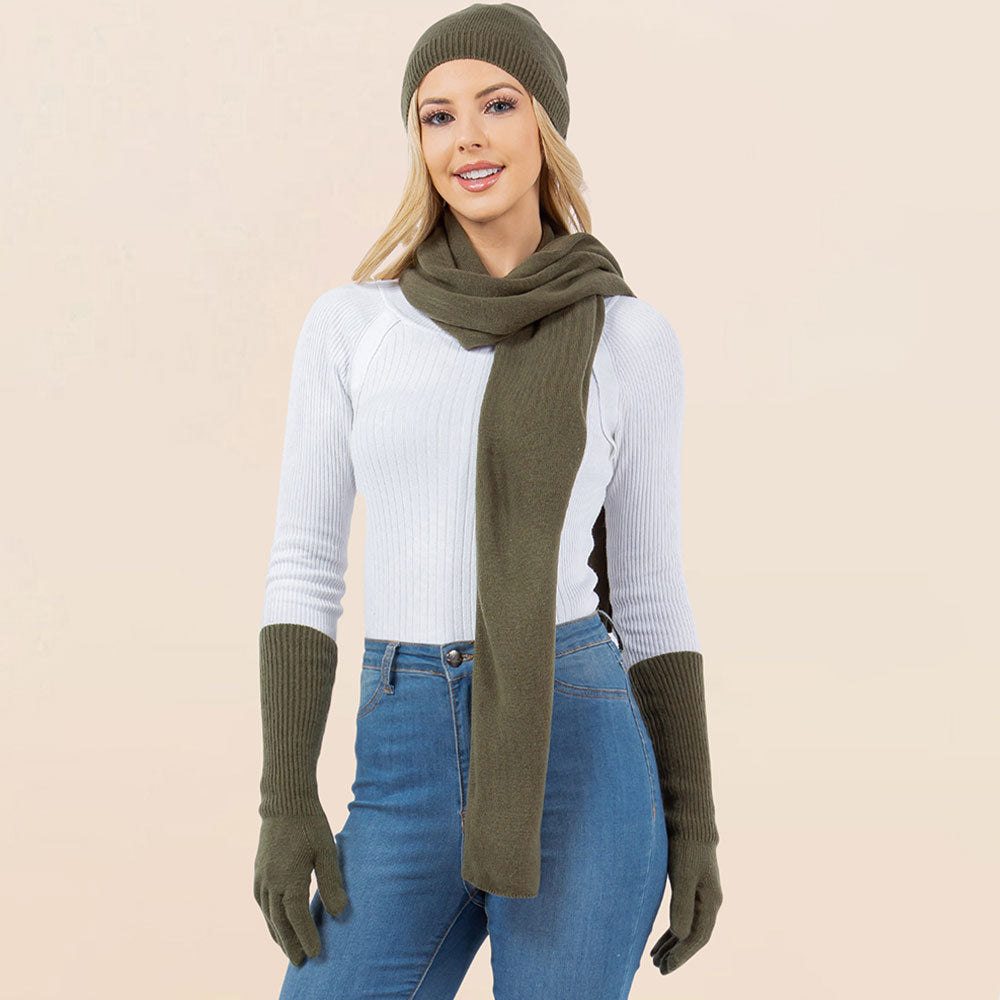 Olive Green 3PCS - Solid Winter Beanie Hat Scarf Gloves Set