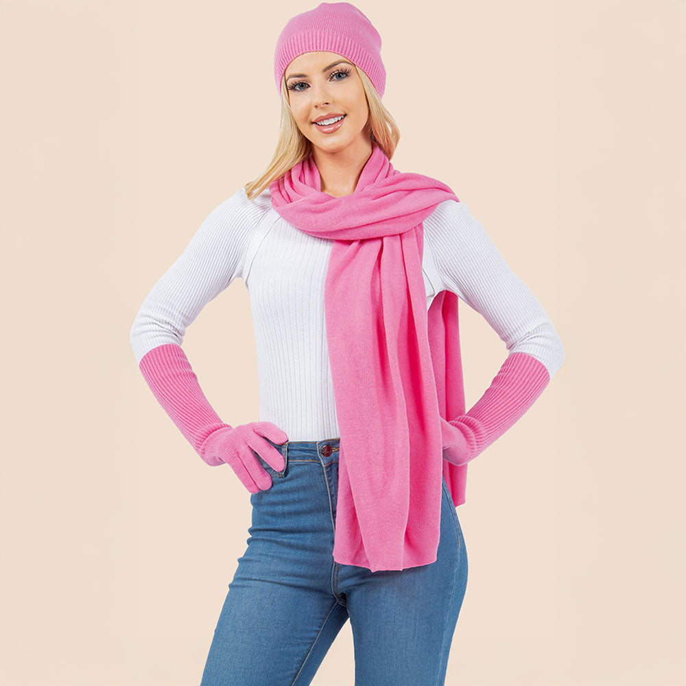 Pink 3PCS - Solid Winter Beanie Hat Scarf Gloves Set