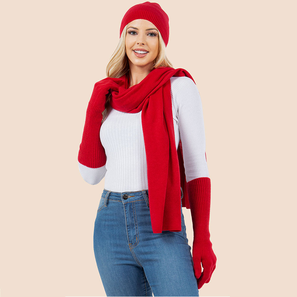 Red 3PCS - Solid Winter Beanie Hat Scarf Gloves Set