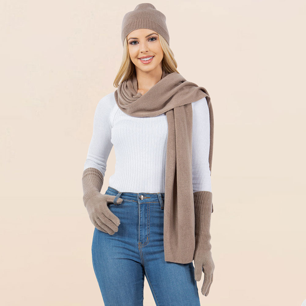 Tan 3PCS - Solid Winter Beanie Hat Scarf Gloves Set