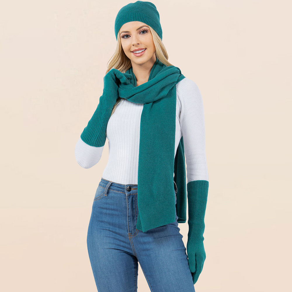 Teal 3PCS - Solid Winter Beanie Hat Scarf Gloves Set