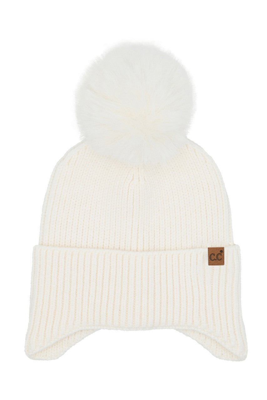 Ivory C.C Earflap Pom Knit Solid Beanie