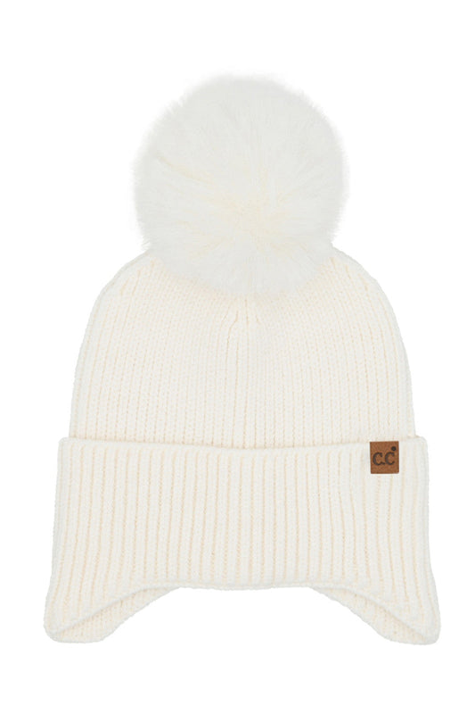 Ivory C.C Earflap Pom Knit Solid Beanie