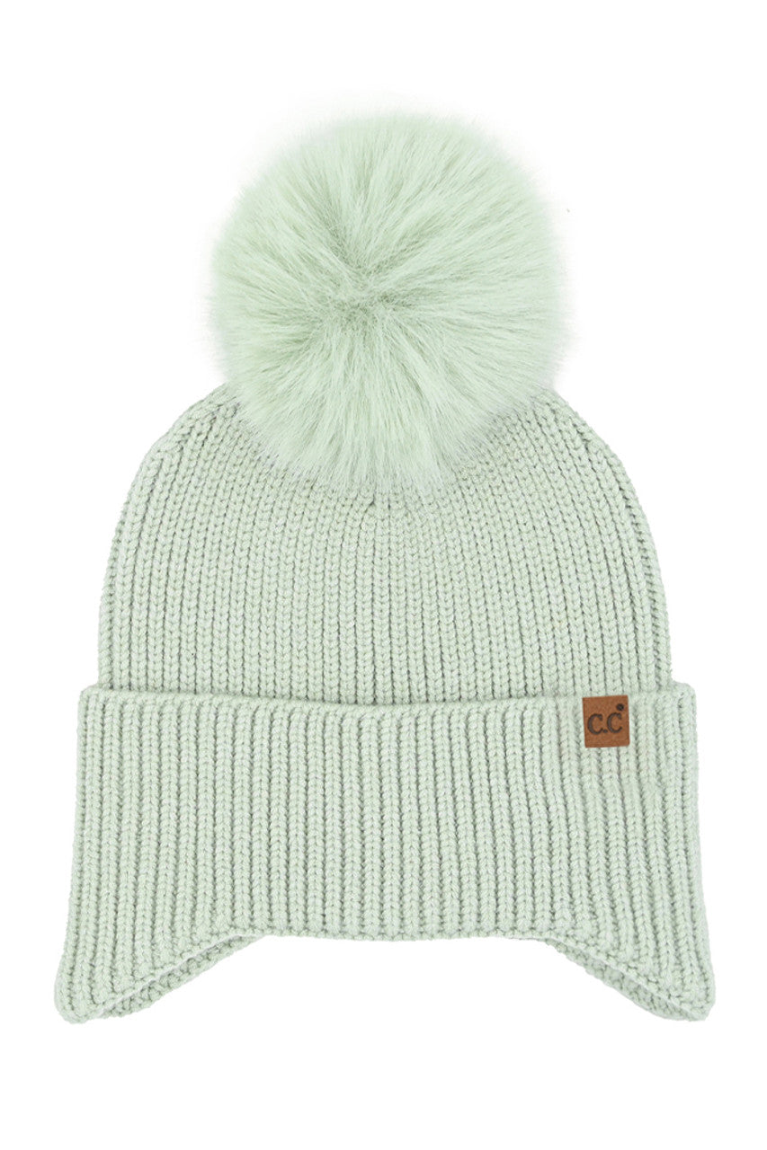 Sage C.C Earflap Pom Knit Solid Beanie