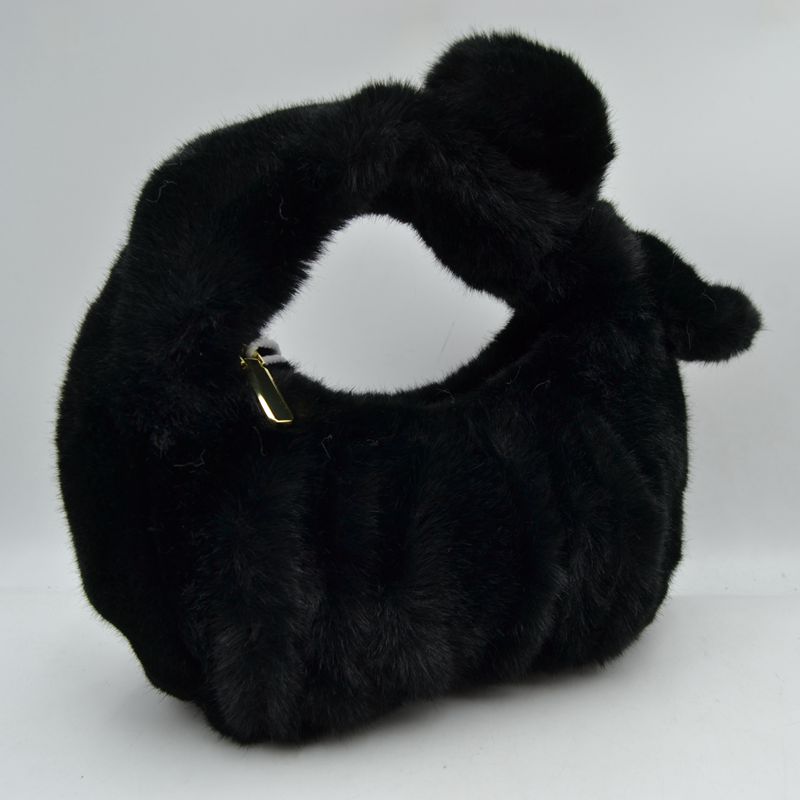 Fluffy Plush Knotted Handle Shoulder Bag - Black - Shoulder Bag