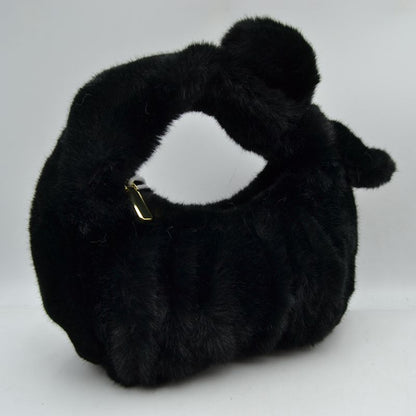Fluffy Plush Knotted Handle Shoulder Bag - Black - Shoulder Bag