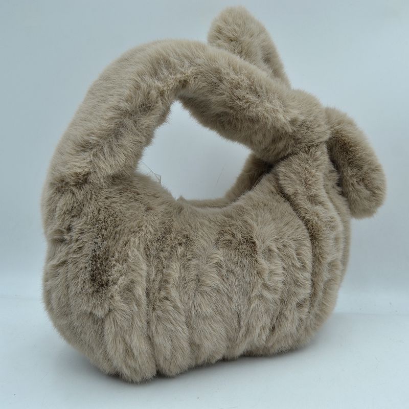 Fluffy Plush Knotted Handle Shoulder Bag - Stone - Shoulder Bag