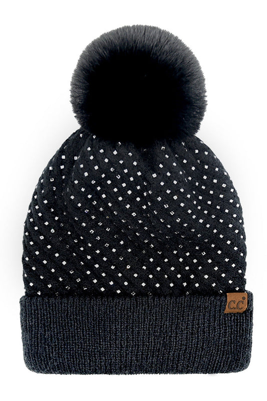 Black C.C Allover Rhinestone Pom Beanie combines expert craftsmanship with stylish practicality. Crafted from soft, warm knit material, this beanie is adorned with shimmering rhinestones for an elegant yet understated sparkle. The plush pom on top adds a classic touch while ensuring cozy protection against cold weather. Perfect for elevating your winter wardrobe, it offers a refined blend of comfort, durability, and sophistication. 
