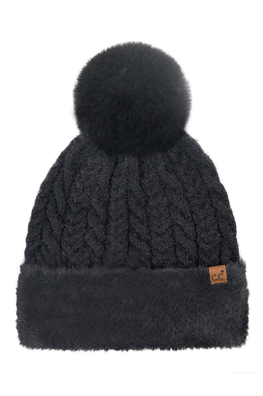 Black C.C Cable Knit Fur Cuff Pom Beanie