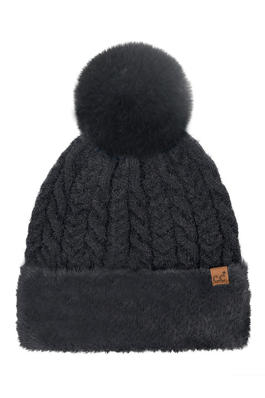 Black C.C Cable Knit Fur Cuff Pom Beanie