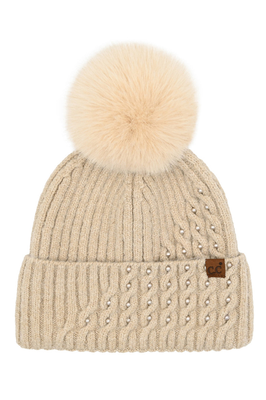 Beige C.C Cable Pom With Pearl Embellishments Beanie