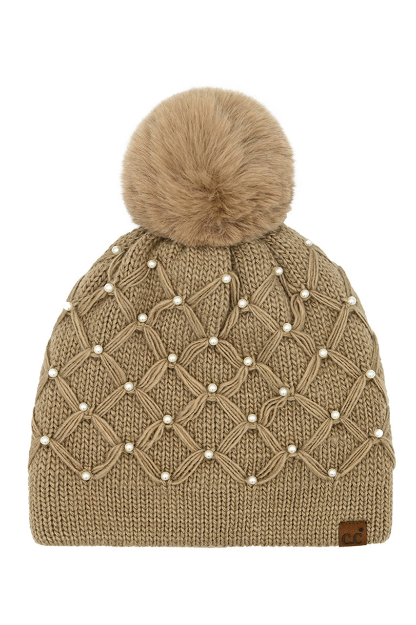 Camel C.C Allover Pearl Crochet Pom Beanie