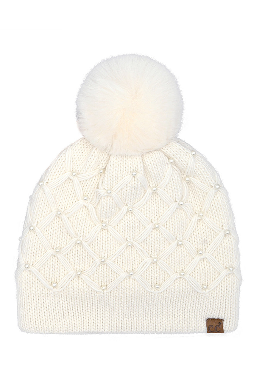 Ivory C.C Allover Pearl Crochet Pom Beanie