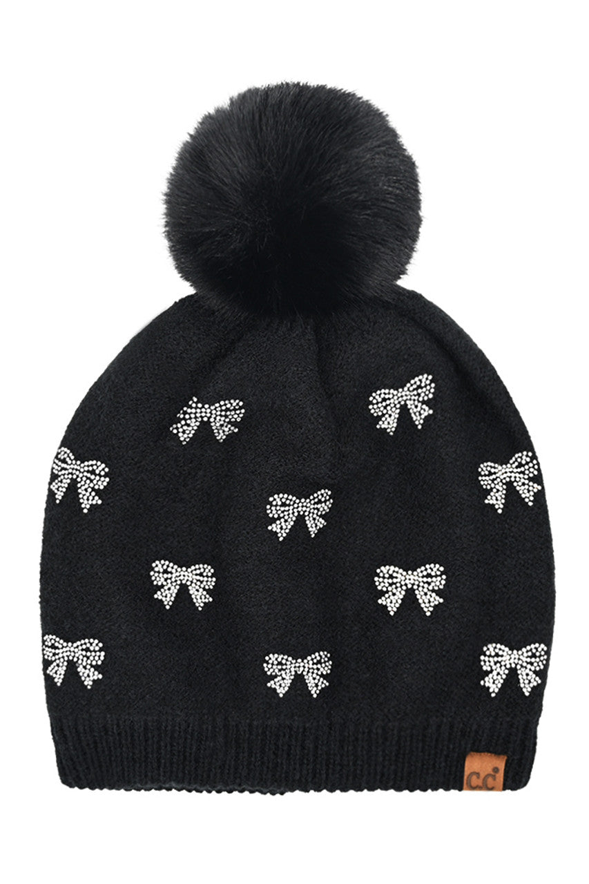 Black C.C Allover Rhinestone Mini Bow Pom Beanie