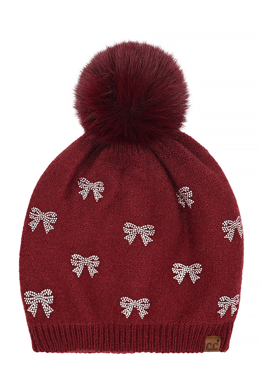 Burgundy C.C Allover Rhinestone Mini Bow Pom Beanie