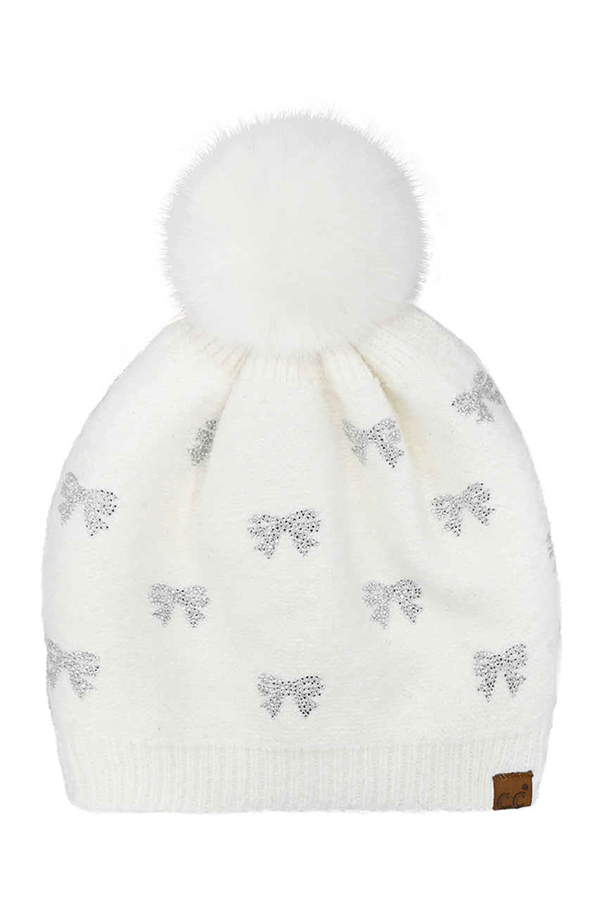 Ivory C.C Allover Rhinestone Mini Bow Pom Beanie
