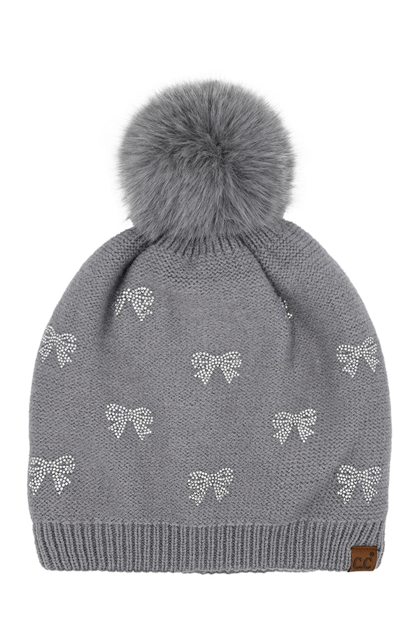 Light Gray C.C Allover Rhinestone Mini Bow Pom Beanie