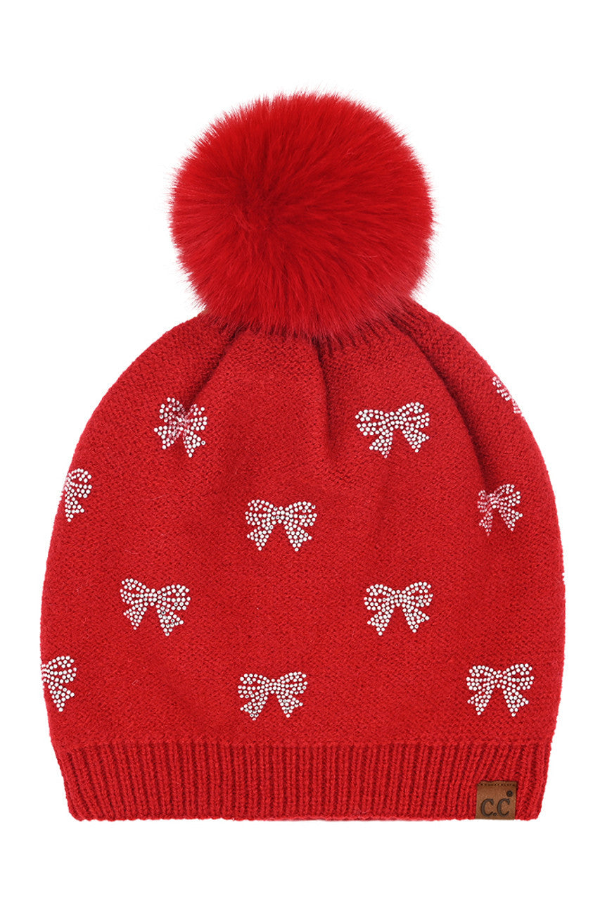 Red C.C Allover Rhinestone Mini Bow Pom Beanie