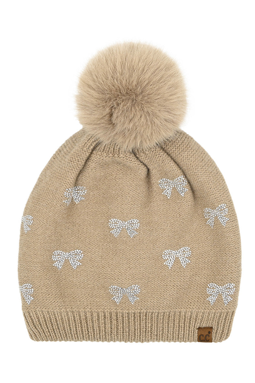 Taupe C.C Allover Rhinestone Mini Bow Pom Beanie