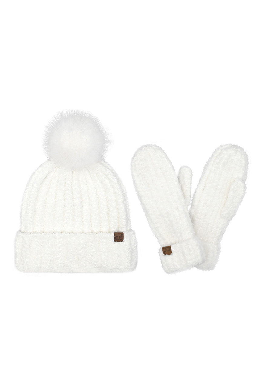 White C.C Cozy Yarn Beanie Winter Hat & Mitten Set
