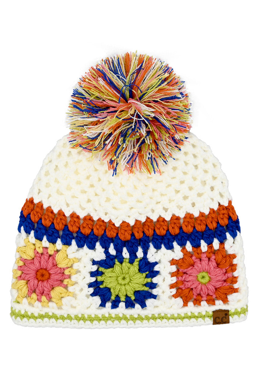 White C.C Hand Made Crochet Pom Beanie