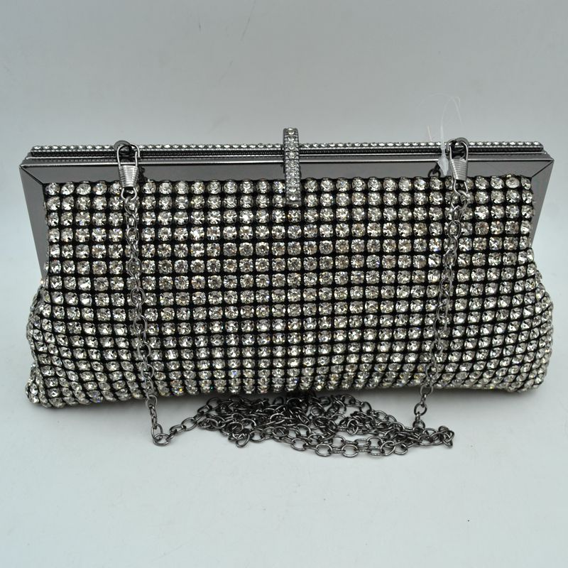 Rhinestone Evening Clutch Bag with Detachable Chain Shoulder Strap and Crystal Embellished Clasp - Black - Clutch Bags