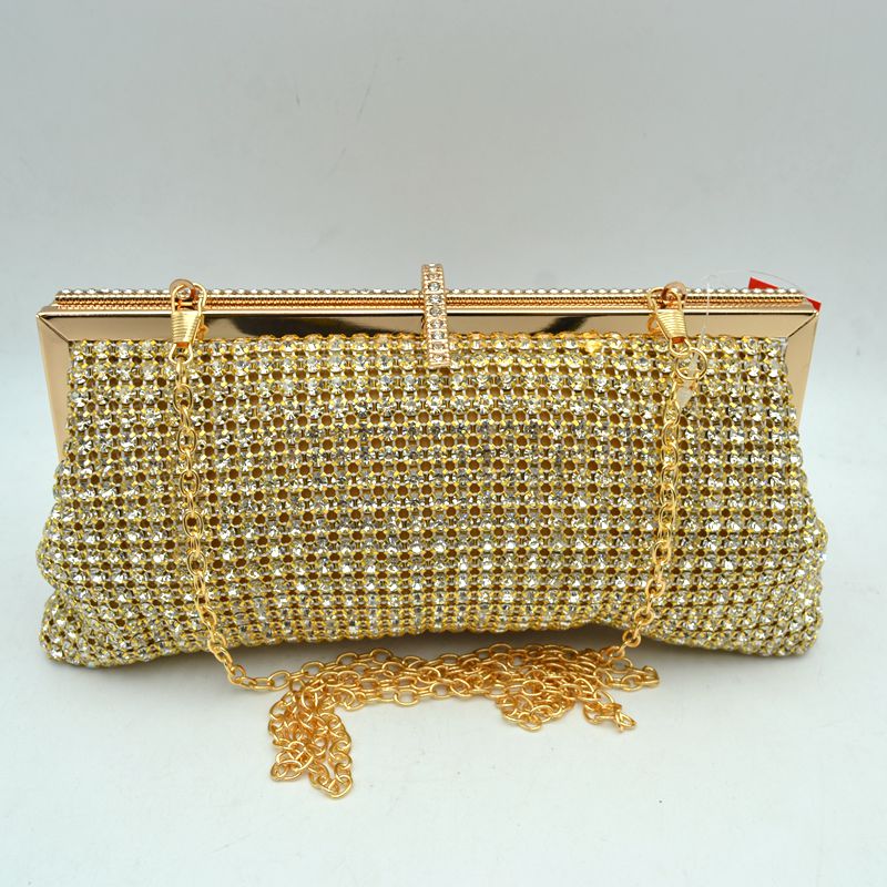 Rhinestone Evening Clutch Bag with Detachable Chain Shoulder Strap and Crystal Embellished Clasp - Gold - Clutch Bags