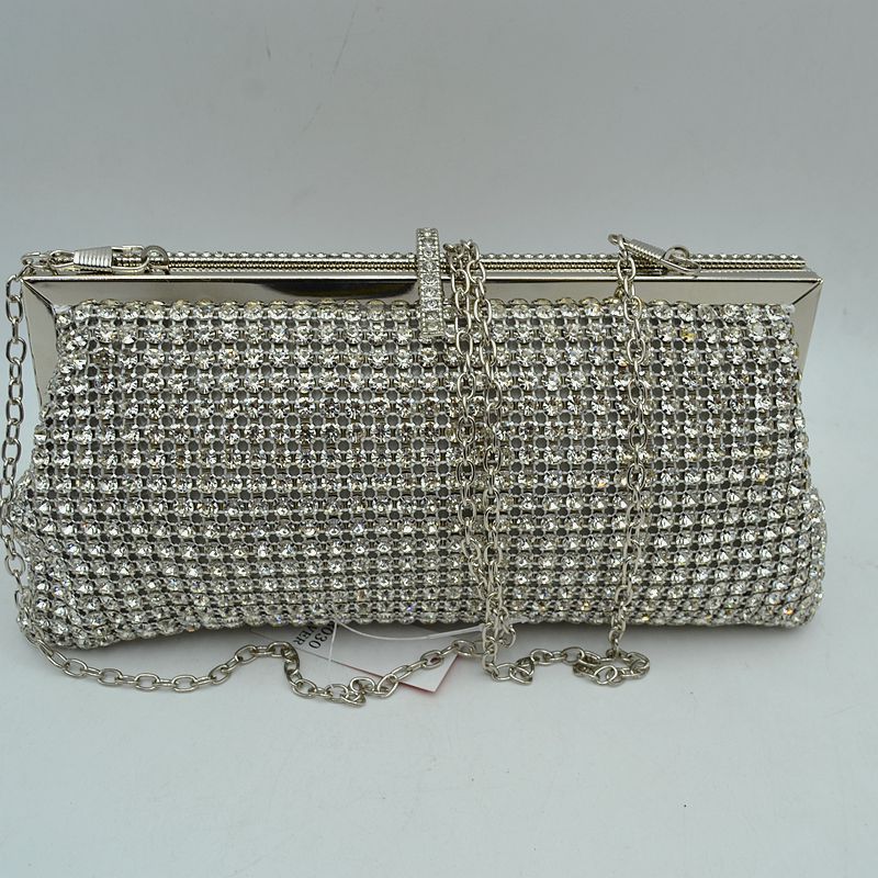 Rhinestone Evening Clutch Bag with Detachable Chain Shoulder Strap and Crystal Embellished Clasp - Silver - Clutch Bags