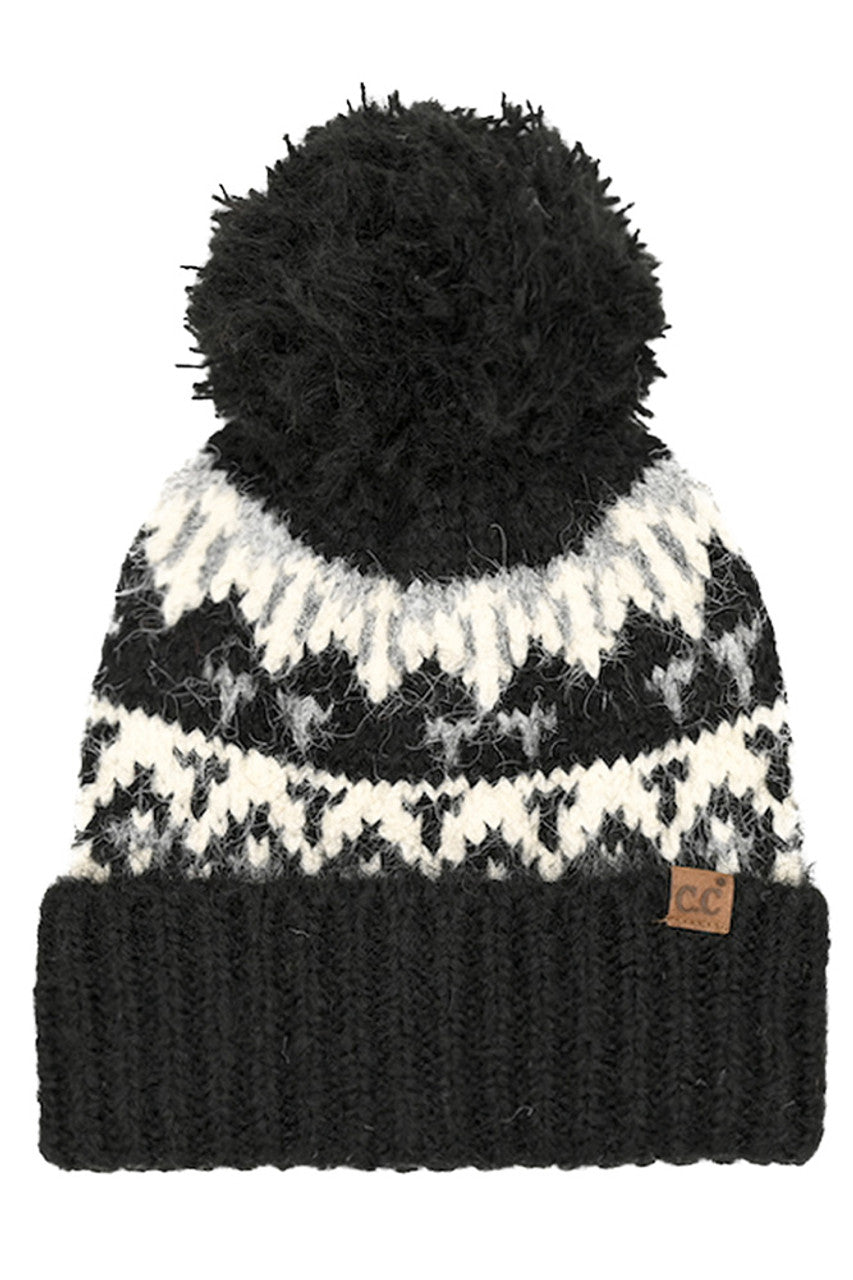 Black C.C Geometric Pattern Yarn Pom Beanie