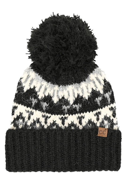 Black C.C Geometric Pattern Yarn Pom Beanie