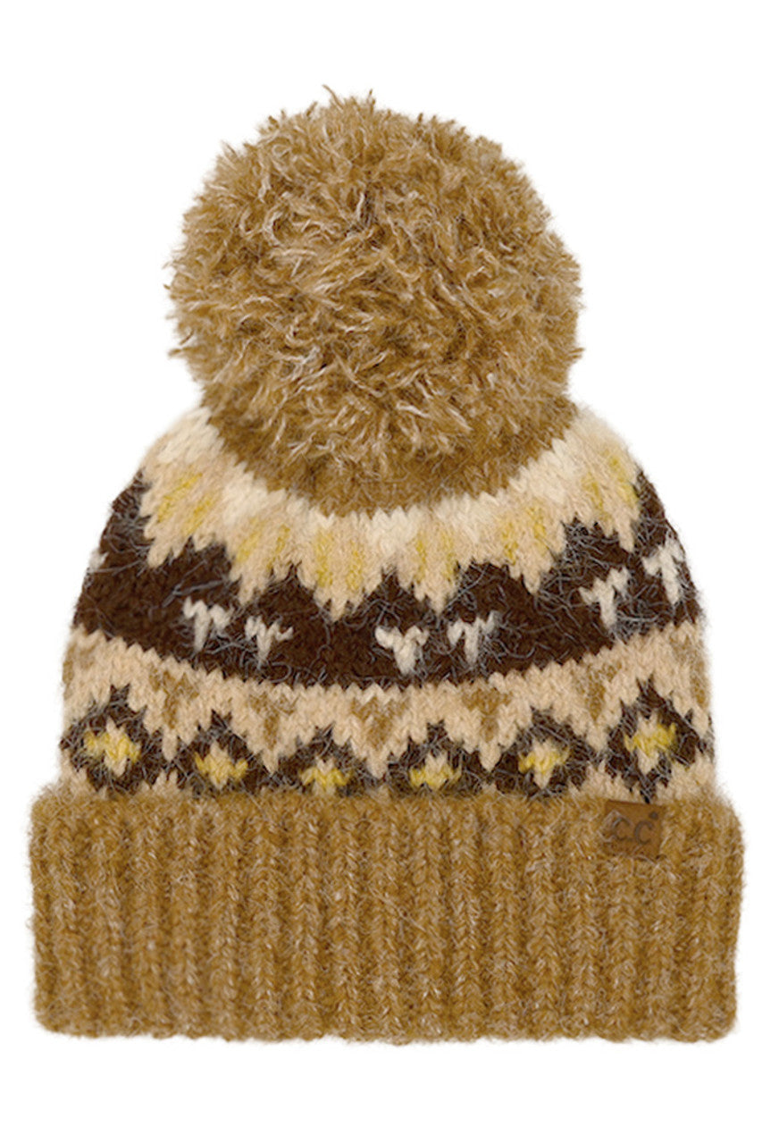 Camel C.C Geometric Pattern Yarn Pom Beanie