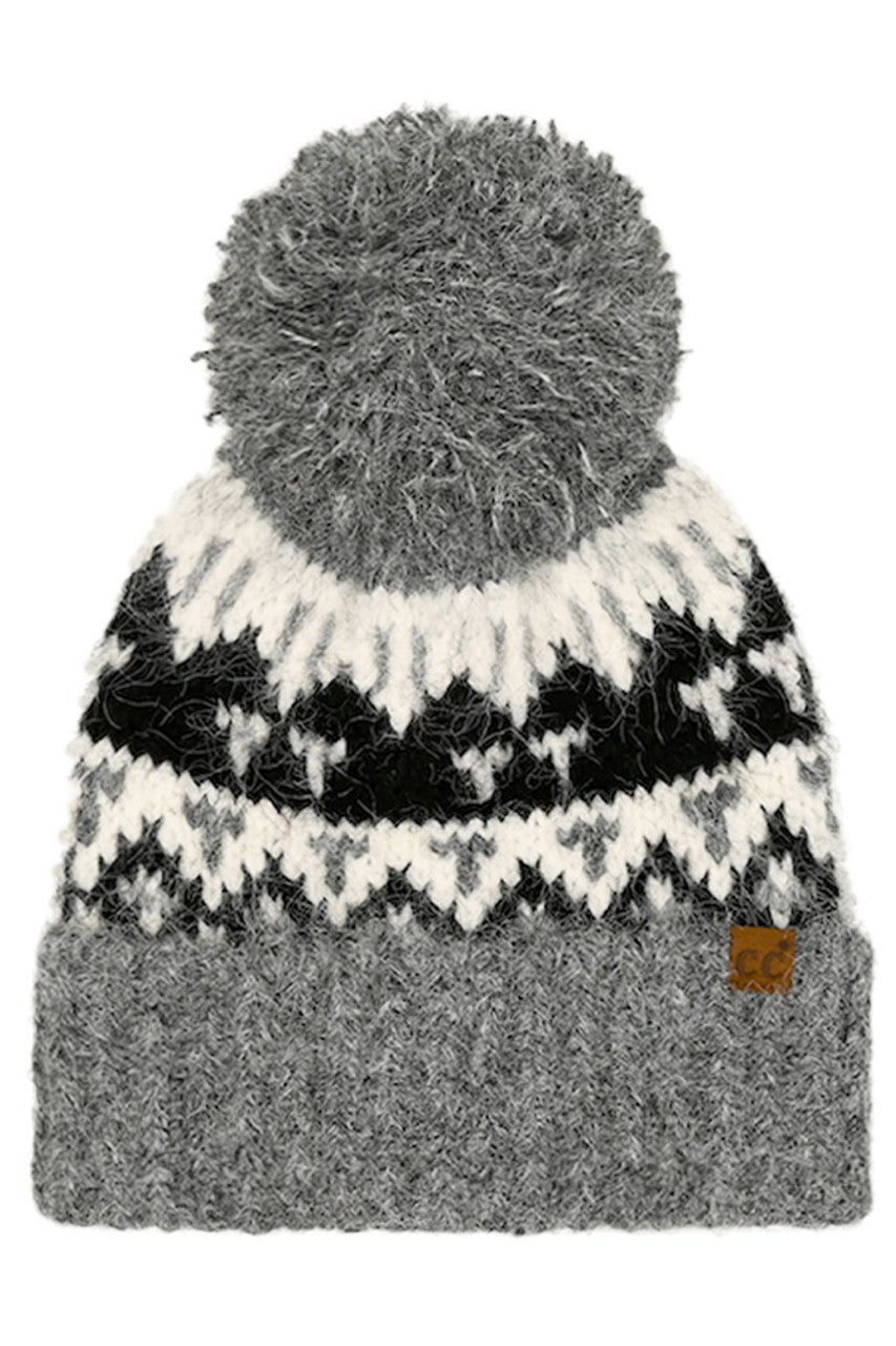 Gray C.C Geometric Pattern Yarn Pom Beanie
