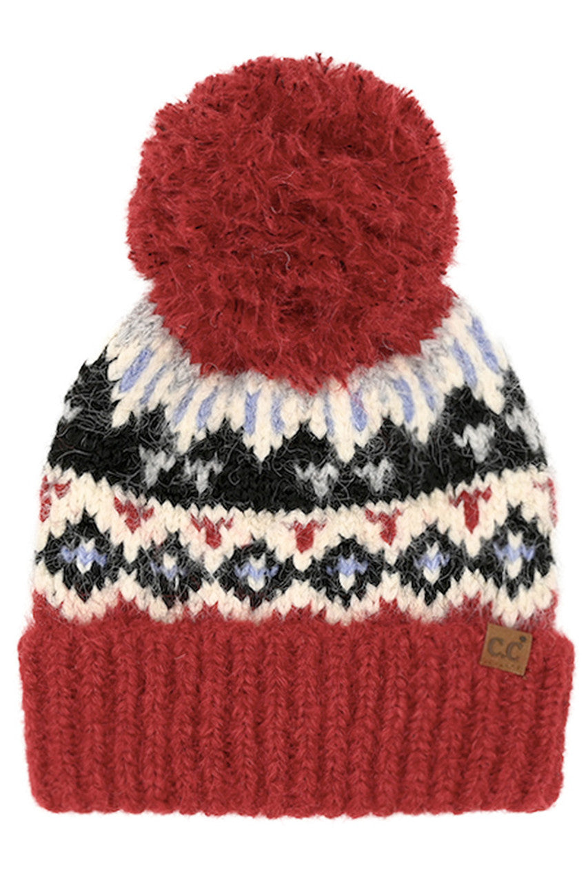 Red C.C Geometric Pattern Yarn Pom Beanie