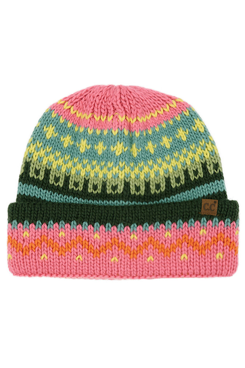 Pink C.C Colorful Pattern Fair Isle Beanie