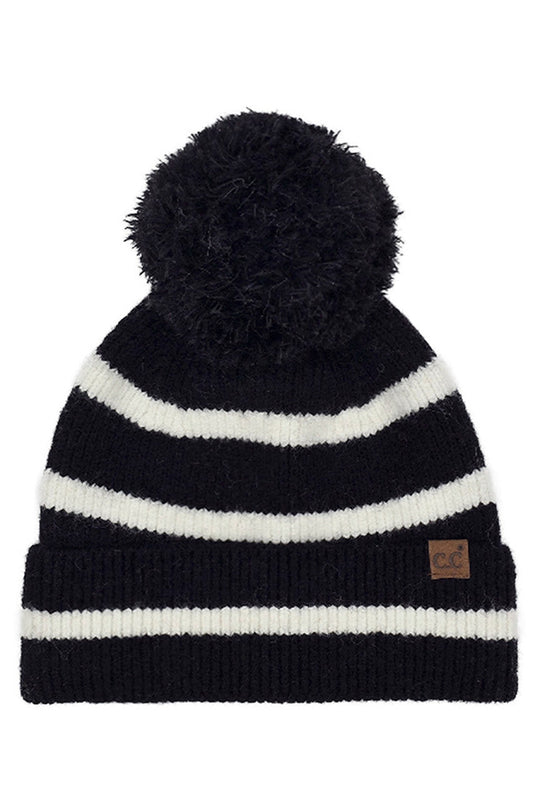 Black C.C Two Tone Stripe Yarn Pom Beanie